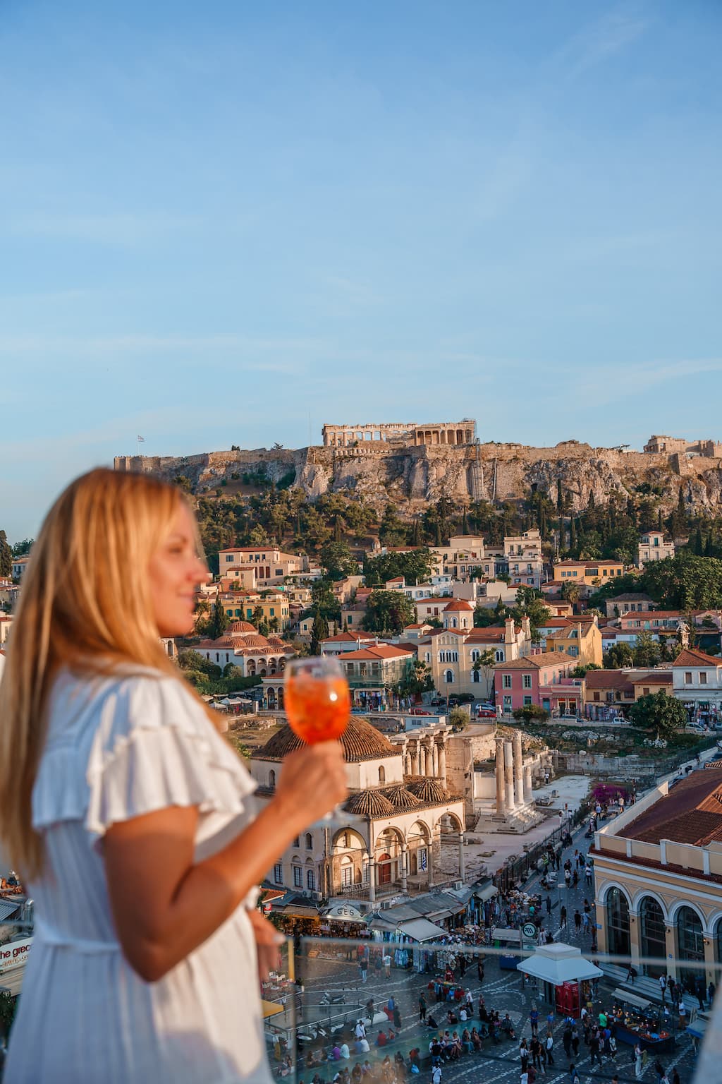 Blogger Mal in A for Athens rooftop bar overlooking Monastiraki Square.